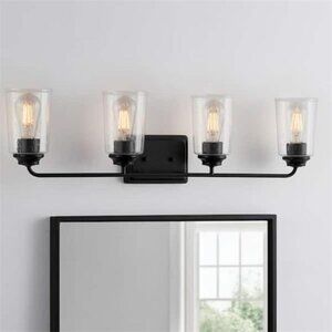 Evangeline 4-Light Matt Black Farmhouse Bathroom Vanity Light Clear Seeded Glass